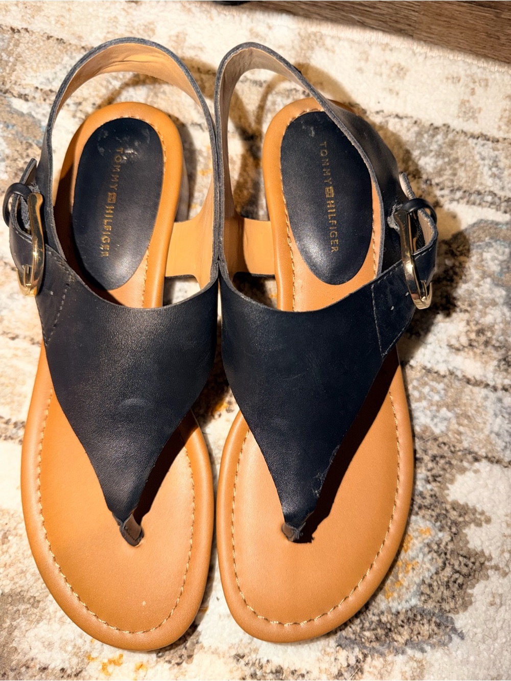 Tommy Hilfiger Black Leather Twkelsit Thong Slingback Sandals